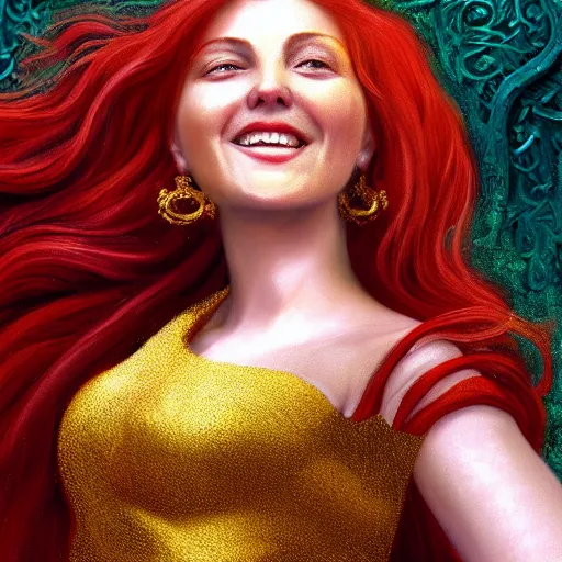 Prompt: Highly detailed painting of a beautiful young woman in front of a fabric background with red hair, smiling by Craig Mullins, Fabric texture, dress, gold details, gemstone, Golden thread, golden details, emeralds, intricate details, intricate patterns 4k, 8k, HDR