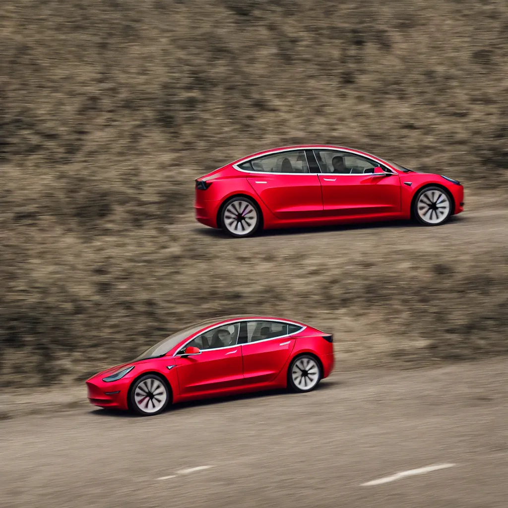 Image similar to Tesla model 3 driving across Ukraine, War on the horizon, Smoke and fire everywhere, Dark horror like style , The tesla has red color and is intact , Shot is taken from the profile of the car , road is blurred from the movement.