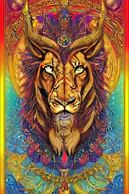 Image similar to beautiful and colorful fractal tarot card featuring an ornate, realistic, and regal viking lion by Dan Mumford, by Jim Fitzpatrick, by joe wilson, featured on deviant art, trending on artstation