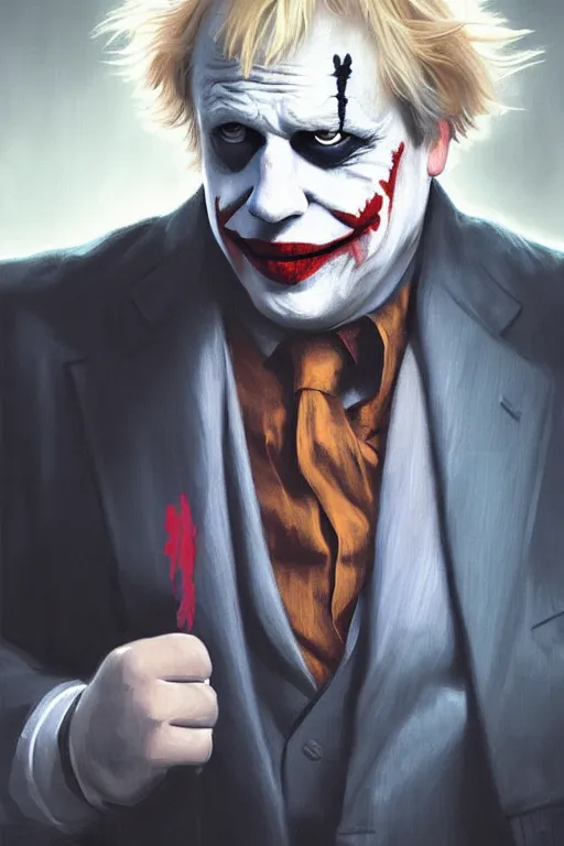 Image similar to Boris Johnson as Joker from The Dark Knight, portrait, highly detailed, digital painting, artstation, concept art, smooth, sharp focus, illustration, cinematic lighting, art by artgerm and greg rutkowski and alphonse mucha