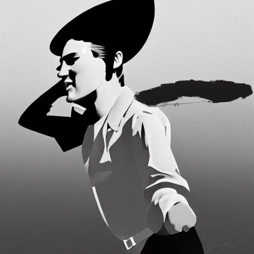 Image similar to a beautiful highly detailed matte painting of elvis presley dancing on stage by atay ghailan, cliff chiang, loish and goro fujita, black, white and pink mystical tones, featured on artstation, featured on behance, grunge aesthetic, spooky