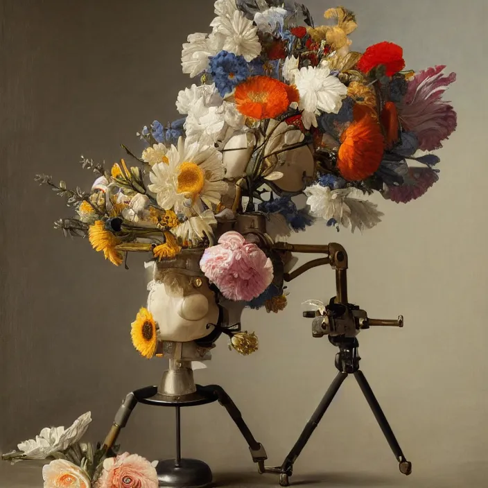 Image similar to still life painting of a beautiful bouquet of flowers coming out of a bipedal robot head by pieter claesz, oil on canvas, strong lighting, highly detailed, hyper realism, golden hour, god rays, hd, 4 k