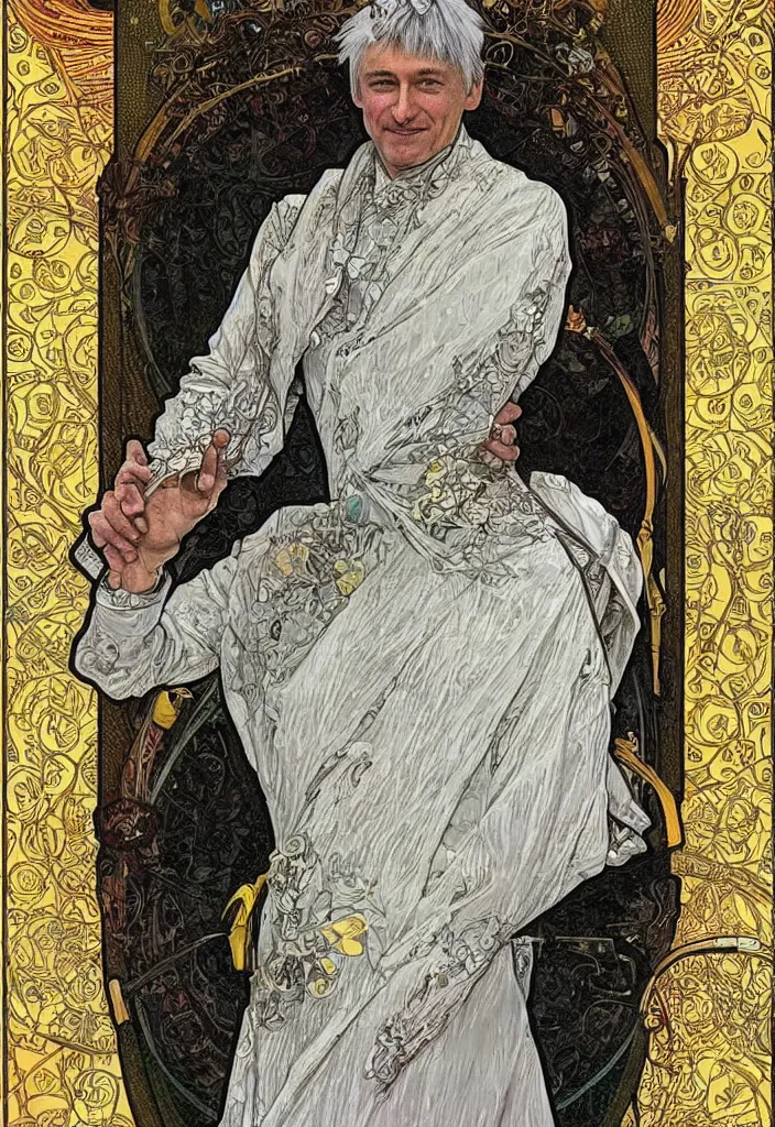 Image similar to realistic white - haired geoffrey hinton in a crown with neural networks on a tarot card, tarot in art style by alphonse mucha