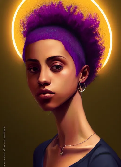 Image similar to portrait of teenage vanessa morgan with bright pink hair, black girl, curly pixie cut hair, wearing a purple breton cap, breton cap, hoop earrings, intricate, elegant, glowing lights, highly detailed, digital painting, artstation, concept art, smooth, sharp focus, illustration, art by wlop, mars ravelo and greg rutkowski