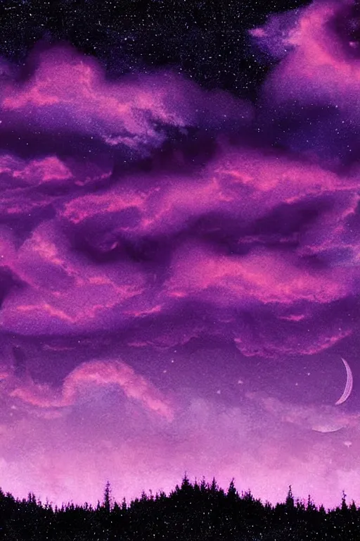Image similar to matte painting layered night sky. Stars and a swirly starry night moon. pink and purple ombre puffy cotton candy clouds. Dark hills forest silhouette below. Cyril Roland