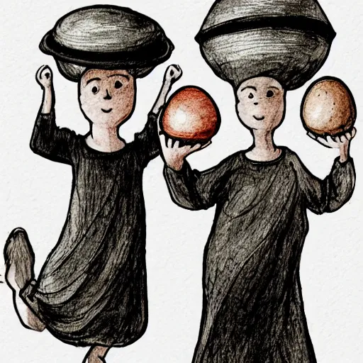 Image similar to two orphans with hats and middle ages simple clothes holding eggs with their arms, orphans escaping from a flying angry chicken, illustration for children, light watercolor on grainy paper,. accurate anatomy. symmetry.