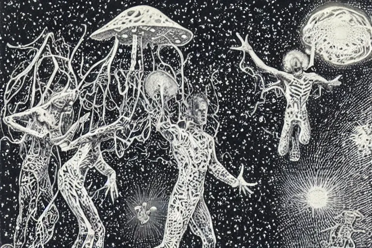 Image similar to how magic mushrooms can take us to the farthest reaches of inner space, painting by virgil finlay and kelly freas