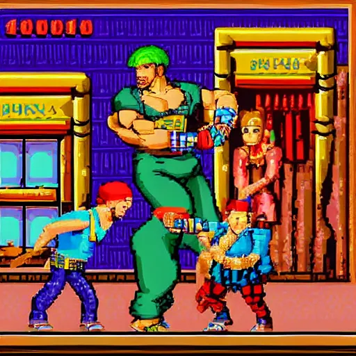 Prompt: portrait of babushka in double dragon video game splash screen