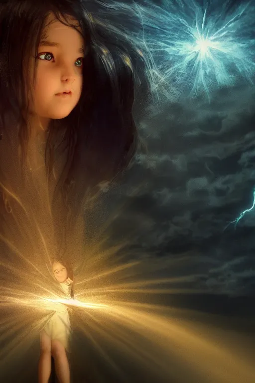 Prompt: a young girl with flowing black hair and chequered robe is watching a storm inside a symmetrical fantasy crystal. atmospheric, 4 k, highly detailed. surrounded by golden rays of light