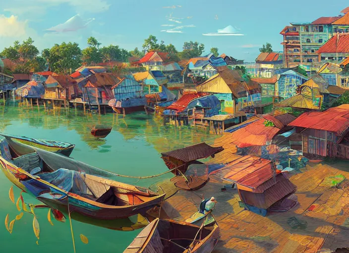 Image similar to kuala terengganu fishing village, summer morning, very coherent and colorful high contrast, art by gediminas pranckevicius, geof darrow, makoto shinkai, dark shadows, hard lighting