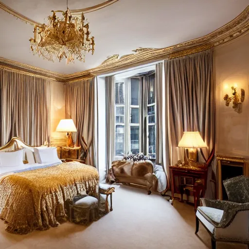 Image similar to bedroom at extremely expensive victorian - era hotel in london. high - fashion boutique hotel. detailed beautiful photography.