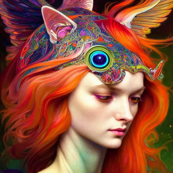 Prompt: bright psychedelic portrait of organic cat cyborg, wings, diffuse lighting, fantasy, intricate, elegant, highly detailed, lifelike, photorealistic, digital painting, artstation, illustration, concept art, smooth, sharp focus, art by John Collier and Albert Aublet and Krenz Cushart and Artem Demura and Alphonse Mucha