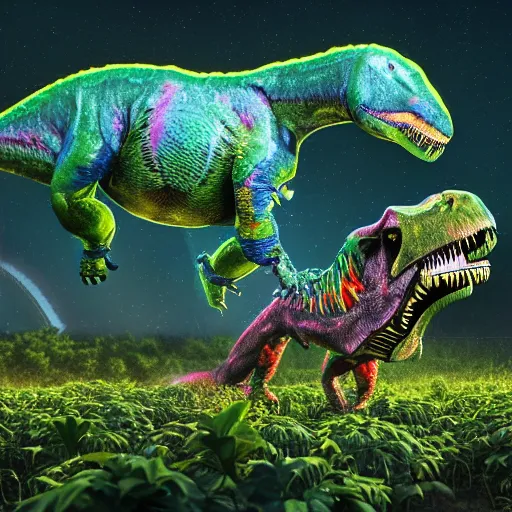 Image similar to t - rex drinking a giant ipa, hop plants everywhere, intricate complexity, inverted rainbow drip paint, psychedelic glitch art, trending on art station, photoreal, 8 k, octane render