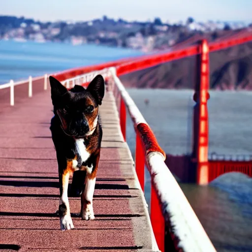 Prompt: a dog walks on the golden gate bridge