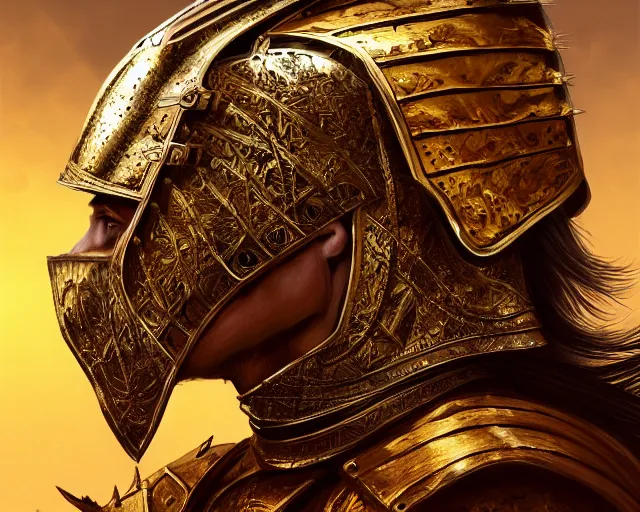 Image similar to hyper - realistic side view painting of the king of the desert, angry, gold armor, sword, dramatic lighting, intricate, wild, highly detailed, digital painting, artstation, concept art, smooth, sharp focus, illustration