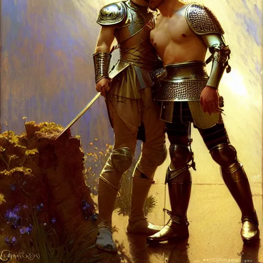 Image similar to attractive arthur pendragon and his attractive male knight, they are in love, natural lighting, path traced, highly detailed, high quality, digital painting, by gaston bussiere, craig mullins, alphonse mucha j. c. leyendecker