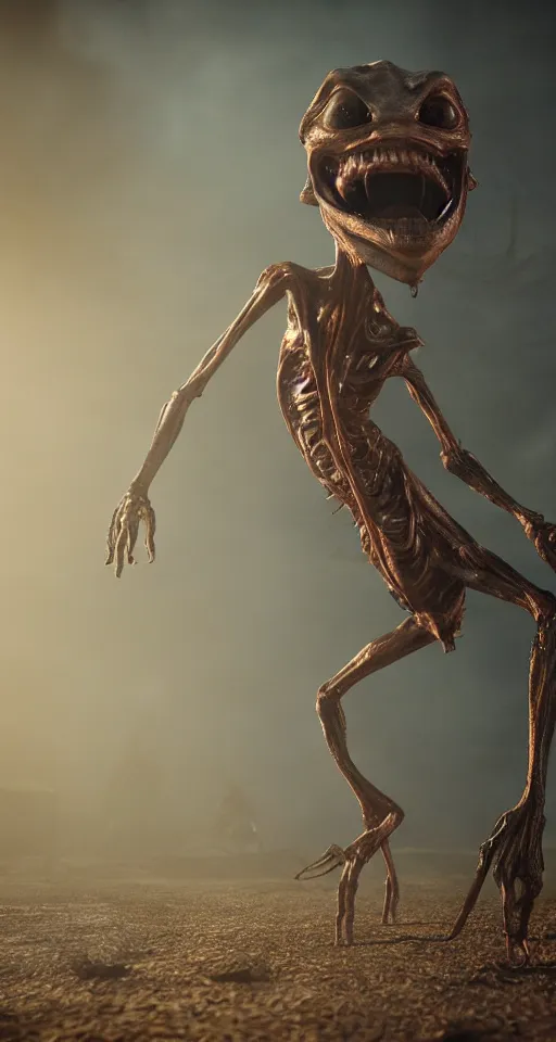 Image similar to still from a horror movie of grotesque alien lunging towards the camera, highly detailed, horror movie scene, unreal engine, octane render, natural light outside