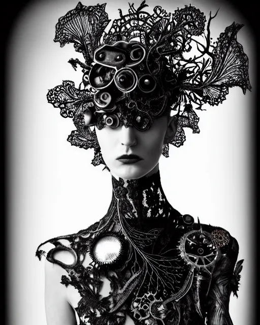 Image similar to surreal dark poetic black and white photo portrait of complex bio-mechanical beautiful young silver female vegetal-cyborg with a Mandelbrot fractal steampunk metal fine lace face, a very long neck and a fine metal floral foliage super big lace collar by Vivienne Westwood:: smoke, high fashion, haute couture, rococo, steampunk, avant-garde, silver filigree details, anatomical, facial muscles, cable wires, microchip, elegant, dreamy, foggy atmosphere, hyper realistic, 150 mm lens, soft rim light, octane render, unreal engine, picture was taken in 1910 by Man Ray, volumetric lighting, dramatic light,8k,