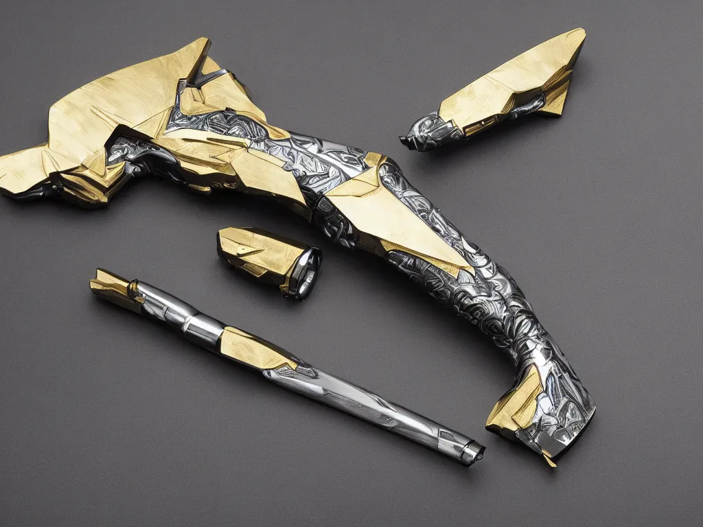 Image similar to intricate futuristic weapon made of brushed metal, chrome and carbon, gold linings