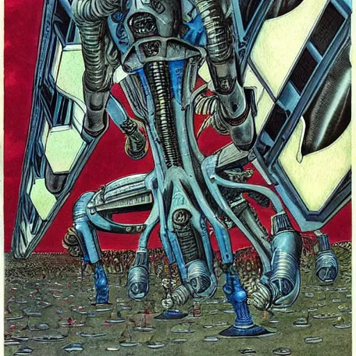 Image similar to beautifully colored combat mecha by m. c. escher, junji ito h. r. giger