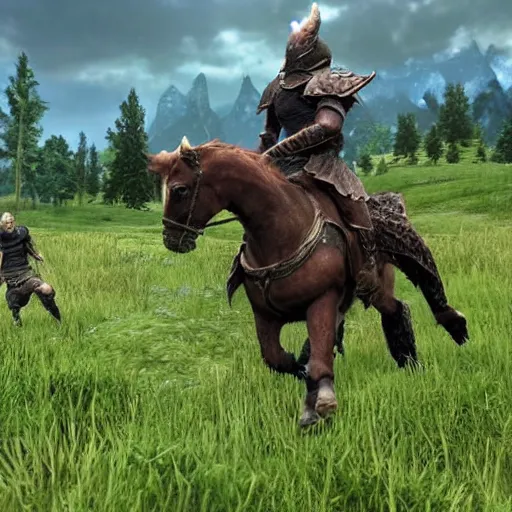 Prompt: Dragonborn riding chonky horse through meadow in Skyrim