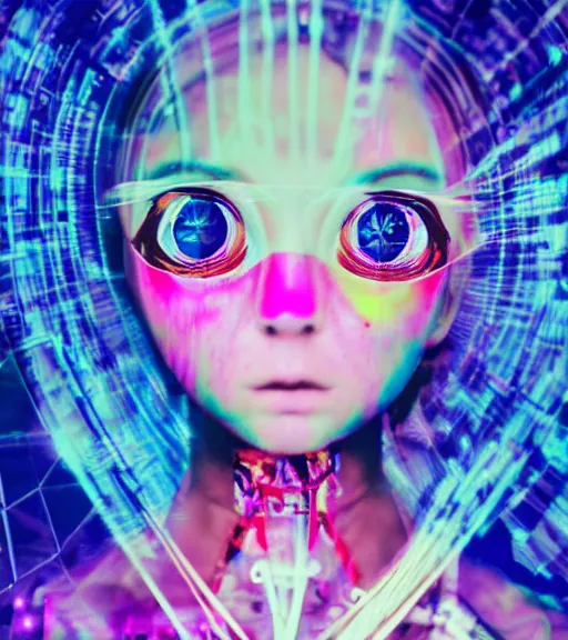 Prompt: 3 5 mm head and shoulders portrait macro shot of a glitchpunk magical girl in a blend of manga - style art, augmented with vibrant composition and color, all filtered through a cybernetic lens, graflex photograph, in the style of mark ryden and pixar and hayao miyazaki