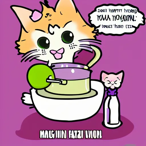 Image similar to a happy cute cat-fairy brewing a magic potion