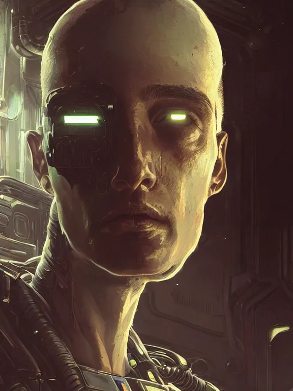 Image similar to portrait of a young male android from alien isolation, art by ryo shiotani and greg rutkowski, intricate, beautiful, cute, cinematic lighting, vintage art by serge ivanoff, high resolution, very detailed