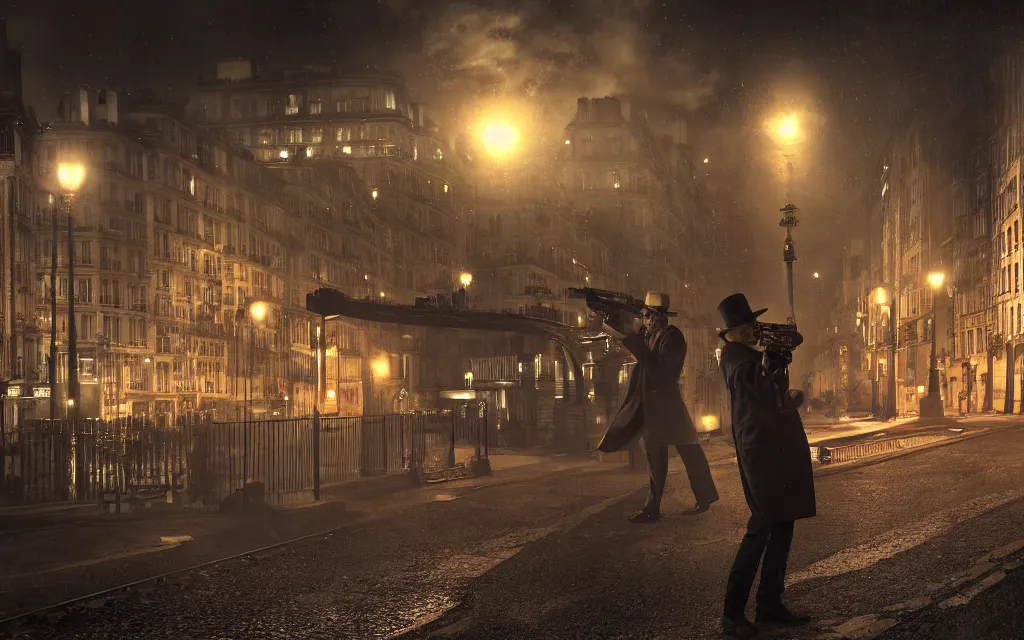 Image similar to One man in a trenchcoat shooting at a lovecraftian monster with a pistol in a 1920's parisian street at night. A cars is driving towards the monster with their lights on. A train station is visible in the background. 4k, pulp, HDR, vivid colors, low angle shot, (fish eye).