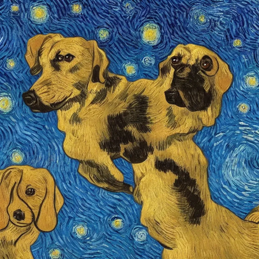 Image similar to studio portrait of a dog in the style of Starry Night; oil painting by Vincent van Gogh