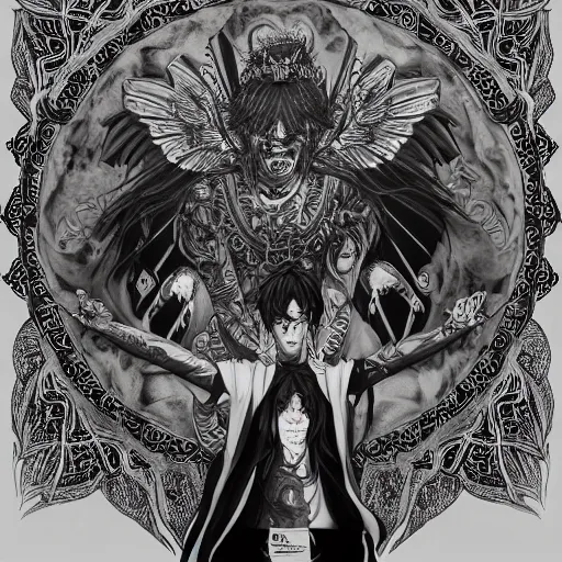 Image similar to 4K headshot of godlike suicideboys with defined arms and open hands and bloody clothes with giant mandala wings , intricate face , flawless anime cel animation by Kentaro Miura, psychedelic , highly detailed upper body , professionally post-processed , beautiful, scary, symmetry accurate features, epic, octane rendered, anime masterpiece, accurate by Craig Mullins, ilya kuvshinov, krenz cushart, epic , artgerm trending on artstation by Edward Hopper and Dan Mumford and WLOP and Rutkovsky, beksinski carl spitzweg moebius and tuomas kocar, intricate artwork by caravaggio, Unreal Engine 5, Lumen, Nanite