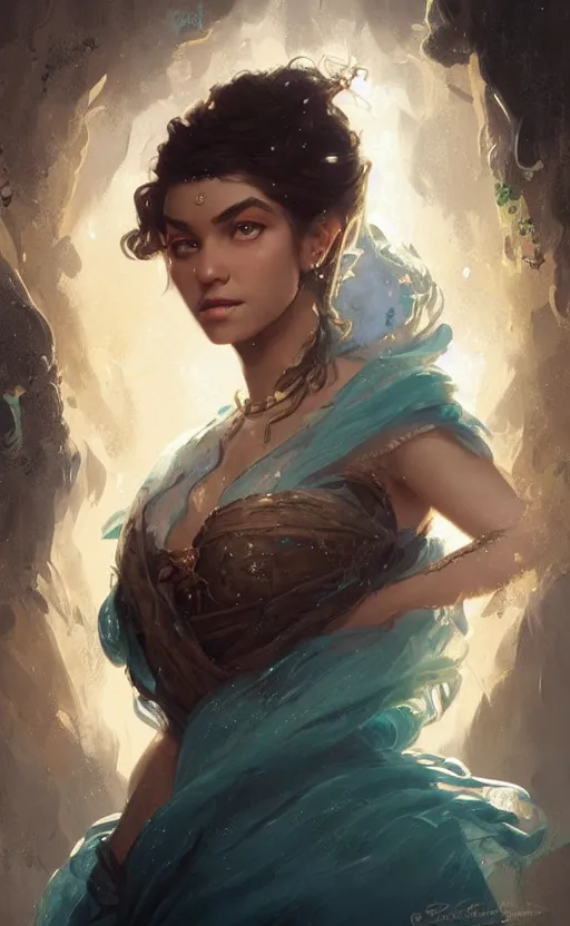 Image similar to Portrait of a Esmeralda (from Disney), female, detailed face, fantasy, highly detailed, cinematic lighting, digital art painting by greg rutkowski