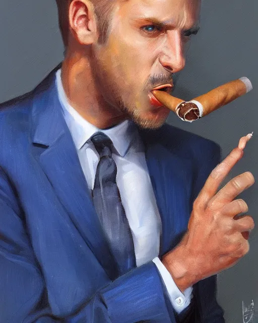 Prompt: Hyper realistic oil portrait of a man in his thirties smoking a cigar, dressed in a blue suit, by Mosh Art, trending on artstation