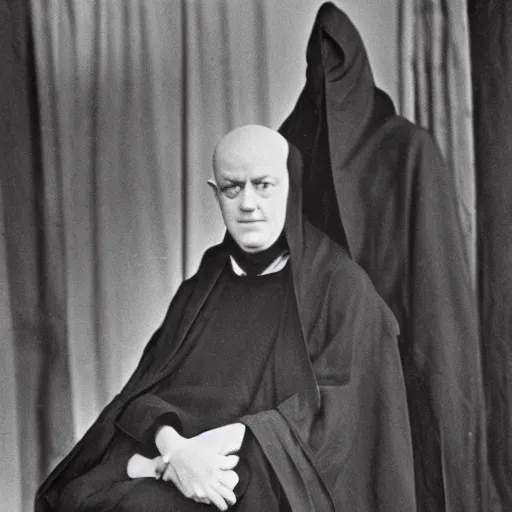 Prompt: aleister crowley wearing a dark hooded cloak