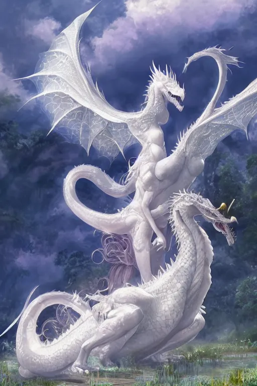 Image similar to the beautiful hyper detailed scene render that a lonely beautiful girl lies in the arms of a huge silver white dragon alone in fairyland surrounded by white clouds, finely detailed angelic face delicate features, style of studio ghibli, makoto shinkai, raphael lacoste, louis comfort tiffany, artgerm, james jean, ross tran, animation style, hd, ultra wide angle