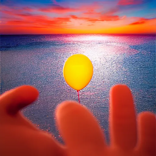 Prompt: album art of a human hand with five fingers holding a yellow balloon sticking out of the ocean with a red sky in the background by chris bilheimer