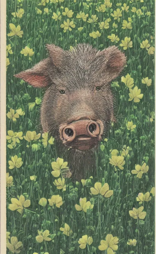 Prompt: by akio watanabe, manga art, portrait of a boar in a field of clovers, trading card front