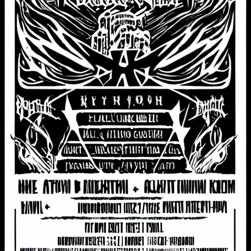 Image similar to black metal concert flyer, black metal logos, unreadable, poster, 3 band lineup