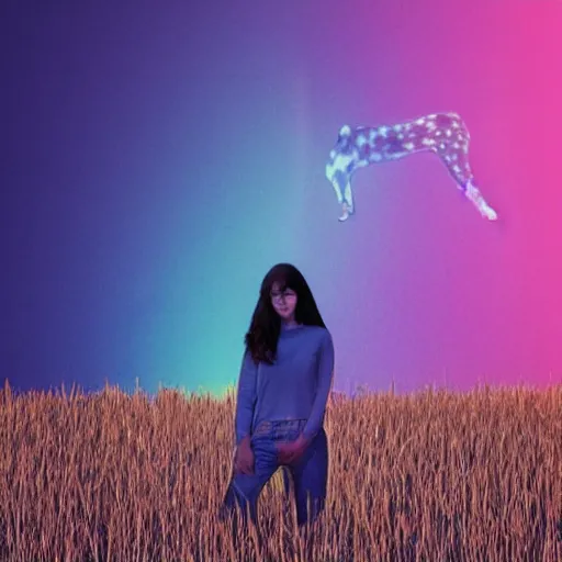 Image similar to a woman with long dark hair holding a cat in her arm standing on steps in a field at night, a hologram by kusama, instagram, optical illusion, full body, ultra hd, neon, pexels contest winner, high quality photo, rtx, hd, shiny eyes