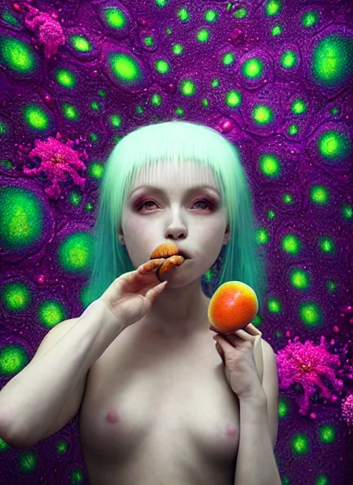 Image similar to hyper detailed 3d render like a Oil painting - kawaii portrait Aurora (white haired Singer Ferret) seen Eating of the Strangling network of yellowcake aerochrome and milky Fruit and Her delicate Hands hold of gossamer polyp blossoms bring iridescent fungal flowers whose spores black the foolish stars by Jacek Yerka, Mariusz Lewandowski, Houdini algorithmic generative render, Abstract brush strokes, Masterpiece, Edward Hopper and James Gilleard, Zdzislaw Beksinski, Mark Ryden, Wolfgang Lettl, hints of Yayoi Kasuma, octane render, 8k