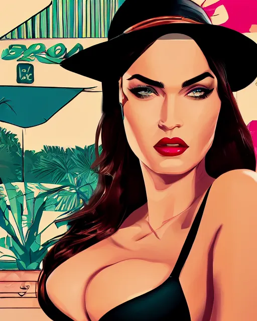 Prompt: closeup portrait of film noir angry megan fox in a bikini wearing a hat and sunglasses, china town, glamour pose, detailed illustration, digital art, trending on artstation, arney freytag, dan mumford, patrick nagel, graffiti, gta v,