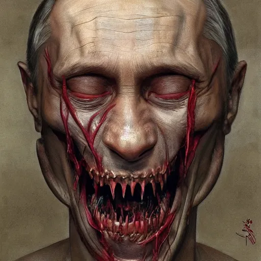 Image similar to a portrait of vladimir putin's, flesh eating worms, macabre, horror saw teeth, horror rotten teeth, peeling face skin, by donato giancola and greg rutkowski and wayne barlow and zdzisław beksinski, realistic face, visible face, digital art, artstation, symmetry