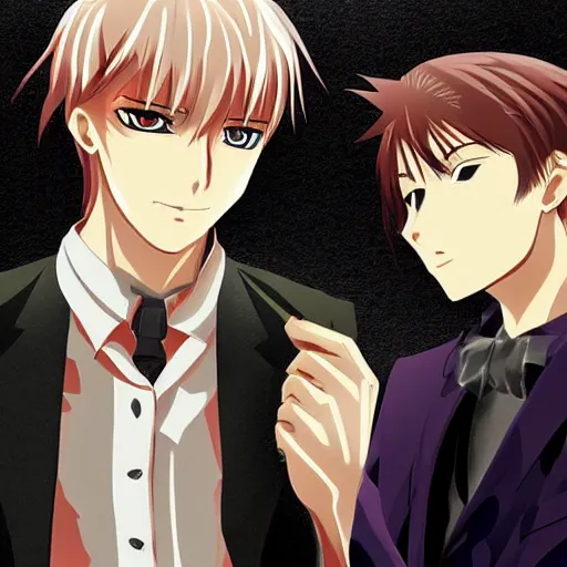 Image similar to two young men, one man human, one man vampire, anime style