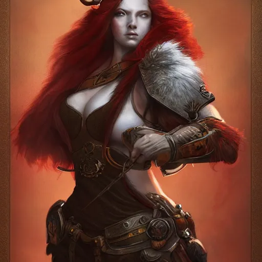 Prompt: a beautiful hyper realistic detailed epic concept art showing ( a noble knight women with red hair protected by ) the sacred raccoon, extremely detailed raccoon, by tom bagshaw, ross tran and bayard wu, in the style of dragon age, featured on artstation