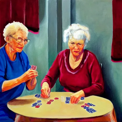 Image similar to 2 old ladies and a woman playing cards in a commieblock apartment, still life painting, oil painting