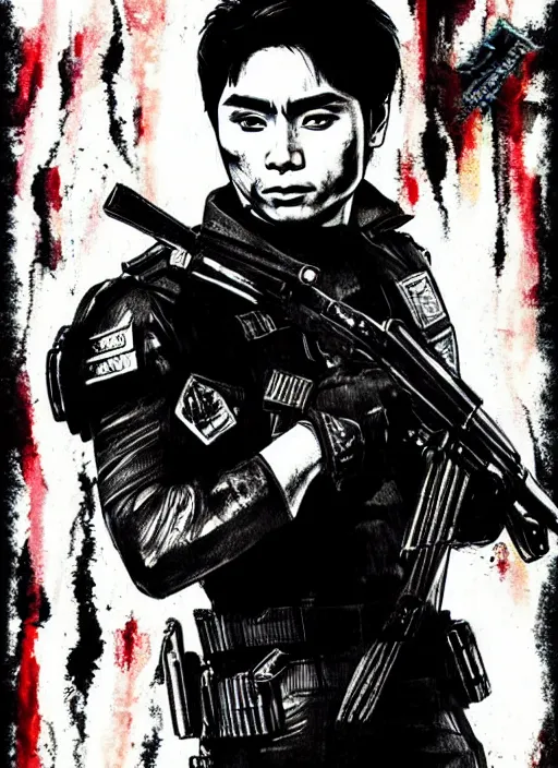 Prompt: coco martin as cardo dalisay from ang probinsyano in a poster shot, in the style of yoji shinkawa, ink on paper, gritty, dark hues