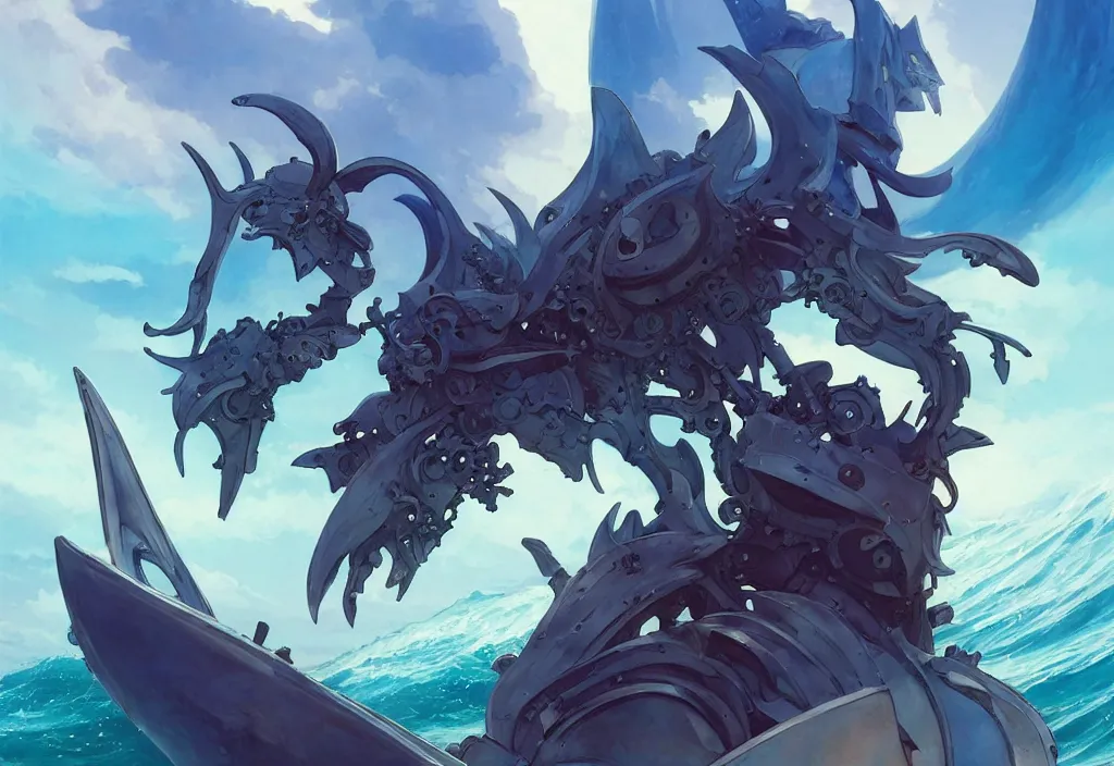 Image similar to close up of a extremely beautiful and aesthetic mech armor witch holding a symmetrical trident, perfect face, symmetrical eyes, back shark fin, horizon, model pose, slightly smiling, blue sky, big wave, big blade whale and big giants minotaurus, epic scene, bright color, fantasy illustrations, by peter mohrbacher and makoto shinkai and ferdinand knab