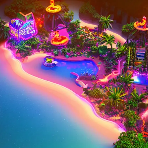 Image similar to isometric world of paradise garden with beach resort, volcano, neon lights, video game, octane render, pixar style, unreal engine, dynamic light