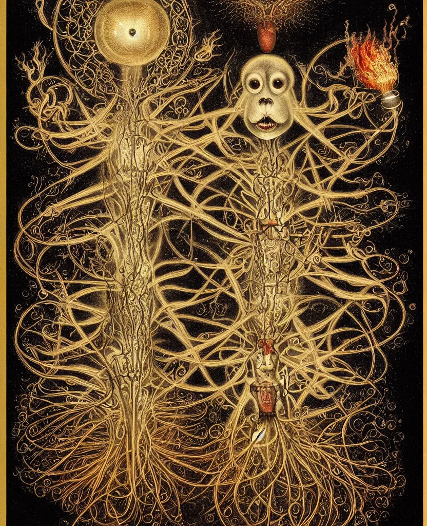 Image similar to whimsical freaky creature sings a unique canto about'as above so below'being ignited by the spirit of haeckel and robert fludd, breakthrough is iminent, glory be to the magic within, painted by ronny khalil