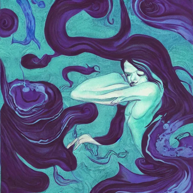 Image similar to dark purple, a female art student falling asleep, misty, iceberg, black paint, dark, sensual, dreamy, waves, swirls, blue drips, fish, blueberries, octopus, neo - impressionist, surrealism